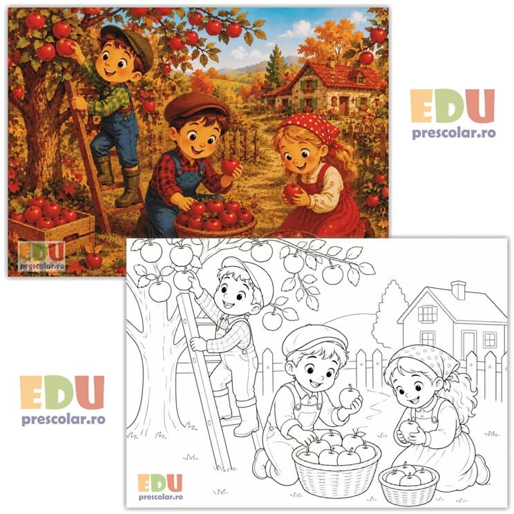 EDIA09-2 toamna cea bogata - la cules de mere - plansa ilustrativa si de colorat