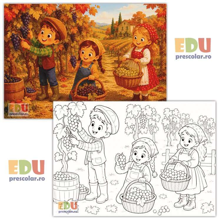 EDIA09-3 toamna cea bogata - in vie, la cules de struguri - plansa ilustrativa si de colorat