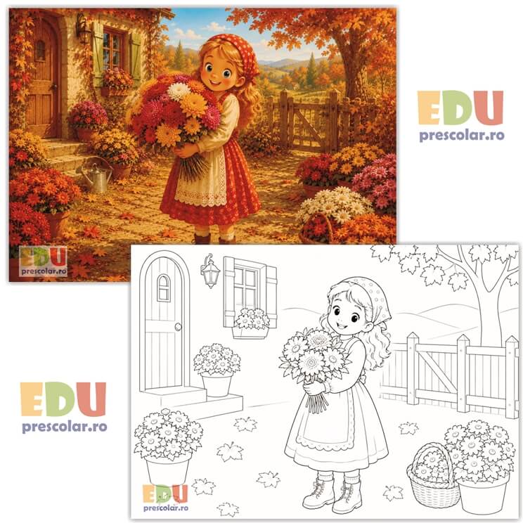 EDIA09-9 toamna cea bogata - fetita cu crizanteme - plansa ilustrativa si de colorat