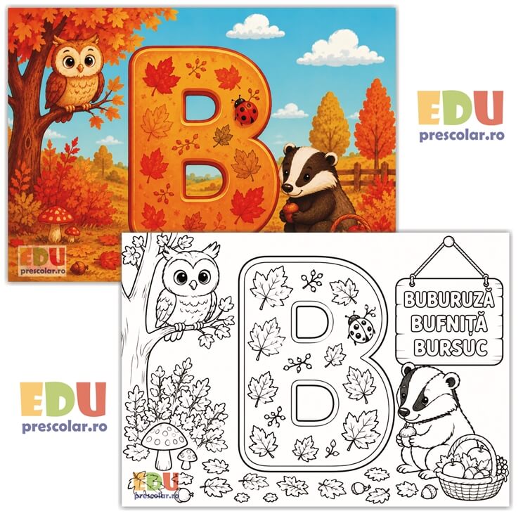 EDIA10-b toamna si litera b - plansa ilustrativa si de colorat pentru invatarea literei b (bursuc, buburuza, bufnita)