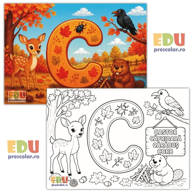 EDIA10-c toamna si litera c - plansa ilustrativa si de colorat pentru invatarea literei c (caprioara, castor, corb, carabus)