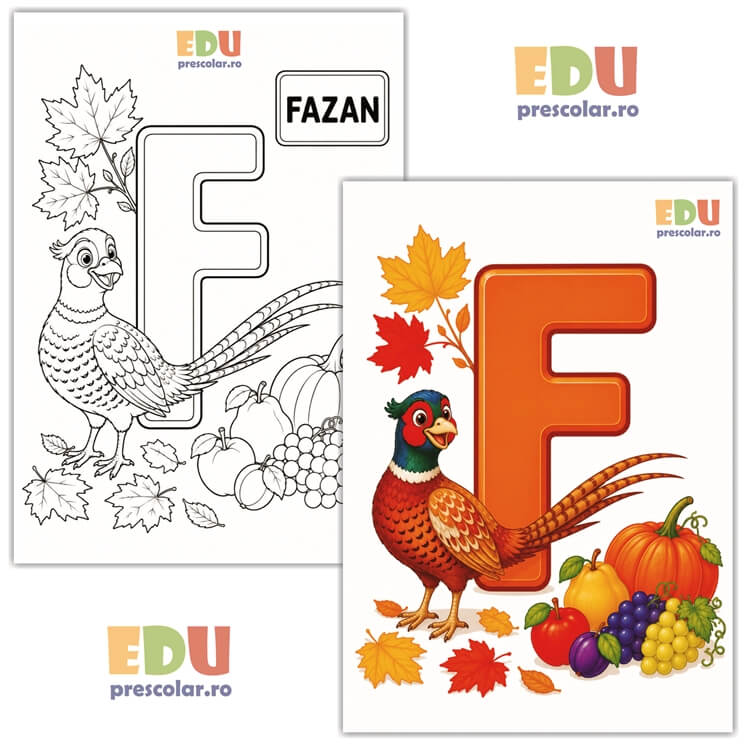 EDIA11-f alfabetul toamnei - fisa de actvitate si de colorat cu animale salbatice in anotimpul toamna - f de la fazan